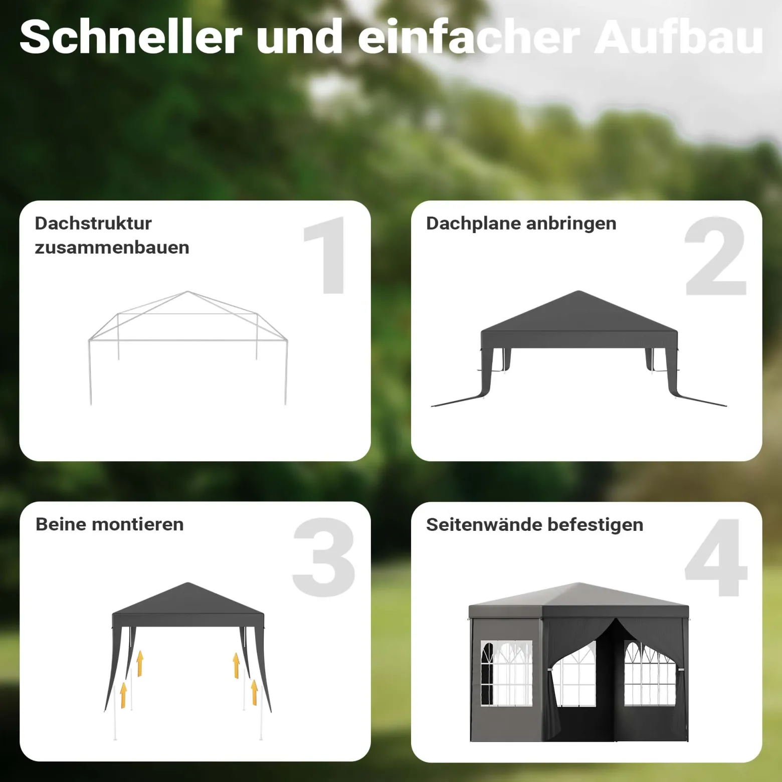 Toboli Pavillon 3 x 3 m in Grau mit UV-Schutz 50+, Gartenpavillon mit abnehmbaren Seiten, Partyzelt mit Fenstern für z. B. Terrasse und Festival
