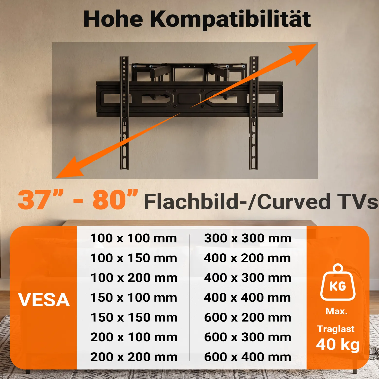 Toboli TV-Wandhalterung für 37-80 Zoll Bildschirme Fernsehhalter 120° schwenkbar, neigbar, drehbar