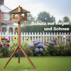 Toboli Vogelfutterhaus 115 cm mit Dreifuß, Vogelhaus aus Holz, wetterfestes Vogelfutterhäuschen mit Ständer, Futterhäuschen für Vögel