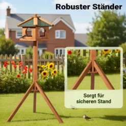 Toboli Vogelfutterhaus 115 cm mit Dreifuß, Vogelhaus aus Holz, wetterfestes Vogelfutterhäuschen mit Ständer, Futterhäuschen für Vögel