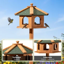 Toboli Vogelfutterhaus 115 cm mit Dreifuß, Vogelhaus aus Holz, wetterfestes Vogelfutterhäuschen mit Ständer, Futterhäuschen für Vögel
