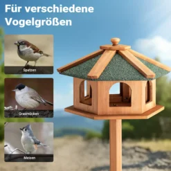 Toboli Vogelfutterhaus 115 cm mit Dreifuß, Vogelhaus aus Holz, wetterfestes Vogelfutterhäuschen mit Ständer, Futterhäuschen für Vögel
