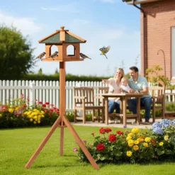 Toboli Vogelfutterhaus 115 cm mit Dreifuß, Vogelhaus aus Holz, wetterfestes Vogelfutterhäuschen mit Ständer, Futterhäuschen für Vögel