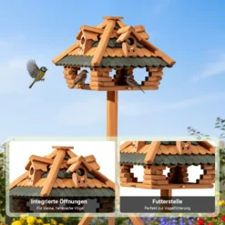 Toboli Vogelfutterhaus 115 cm mit Ständer, Vogelhaus aus Holz, wetterfestes Vogelfutterhäuschen mit Dreifuß, Futterhäuschen für Vögel