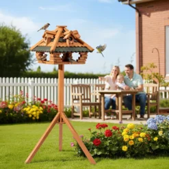 Toboli Vogelfutterhaus 115 cm mit Ständer, Vogelhaus aus Holz, wetterfestes Vogelfutterhäuschen mit Dreifuß, Futterhäuschen für Vögel