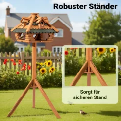 Toboli Vogelfutterhaus 115 cm mit Ständer, Vogelhaus aus Holz, wetterfestes Vogelfutterhäuschen mit Dreifuß, Futterhäuschen für Vögel