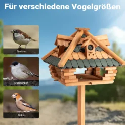Toboli Vogelfutterhaus 115 cm mit Ständer, Vogelhaus aus Holz, wetterfestes Vogelfutterhäuschen mit Dreifuß, Futterhäuschen für Vögel