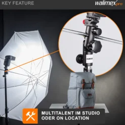 Walimex Blitzhalter und Schirmhalter - 120 x 67 x 35 mm - aus Metall - neigbar von -90°-+90° - mit Blitzschuh und Spigot Aufnahmen - Halterung für Kamera Foto Studio
