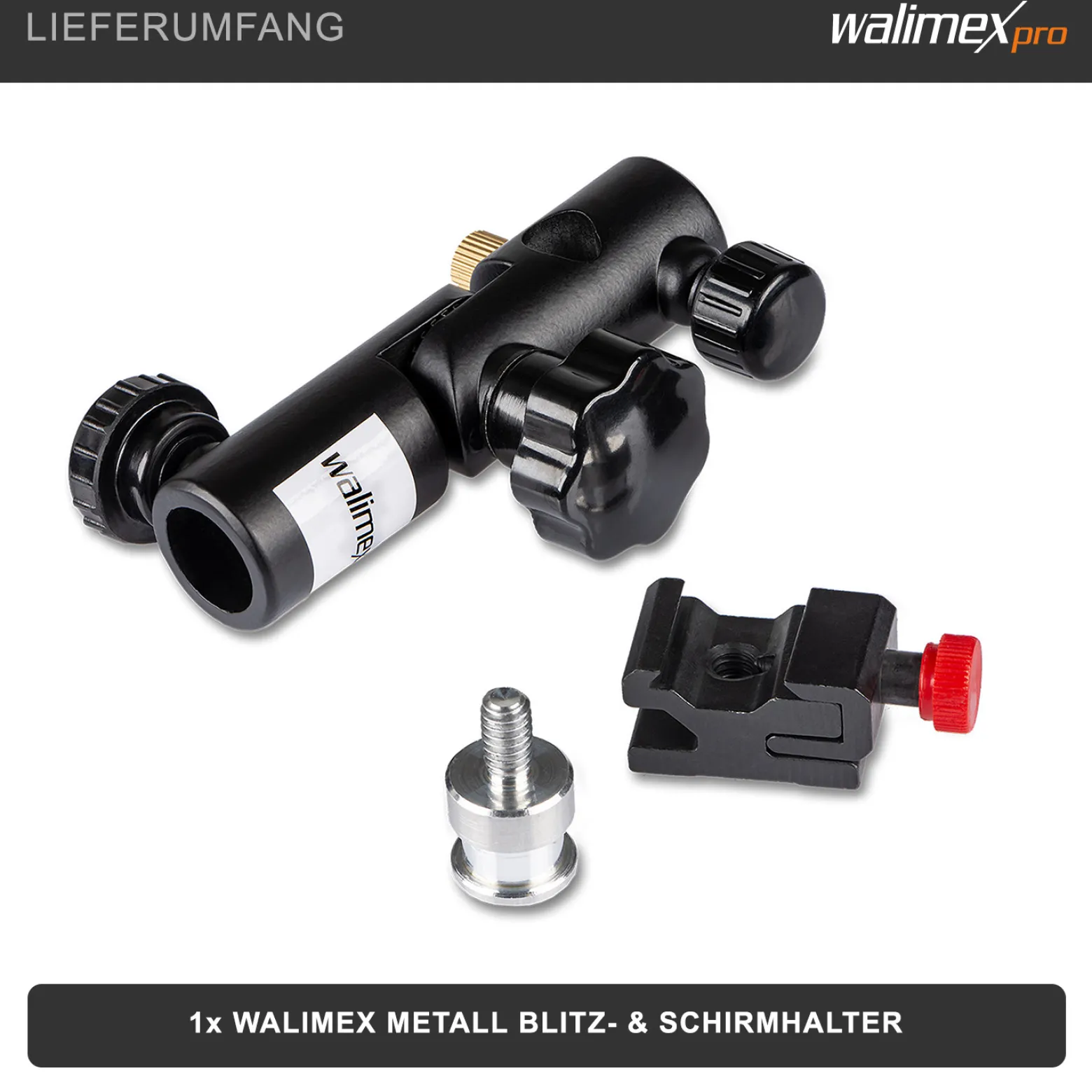 Walimex Blitzhalter und Schirmhalter - 120 x 67 x 35 mm - aus Metall - neigbar von -90°-+90° - mit Blitzschuh und Spigot Aufnahmen - Halterung für Kamera Foto Studio