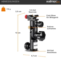 Walimex Blitzhalter und Schirmhalter - 120 x 67 x 35 mm - aus Metall - neigbar von -90°-+90° - mit Blitzschuh und Spigot Aufnahmen - Halterung für Kamera Foto Studio