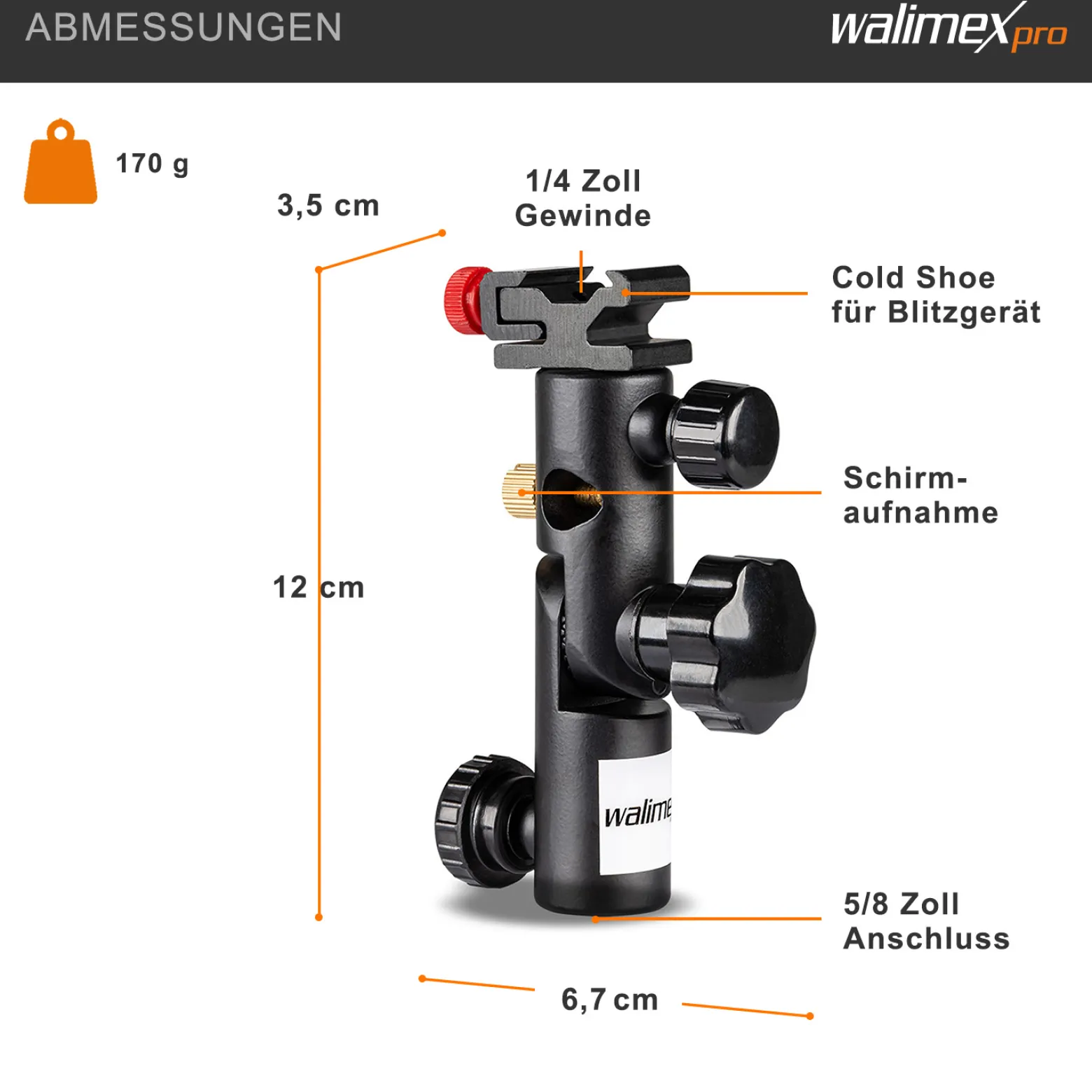 Walimex Blitzhalter und Schirmhalter - 120 x 67 x 35 mm - aus Metall - neigbar von -90°-+90° - mit Blitzschuh und Spigot Aufnahmen - Halterung für Kamera Foto Studio
