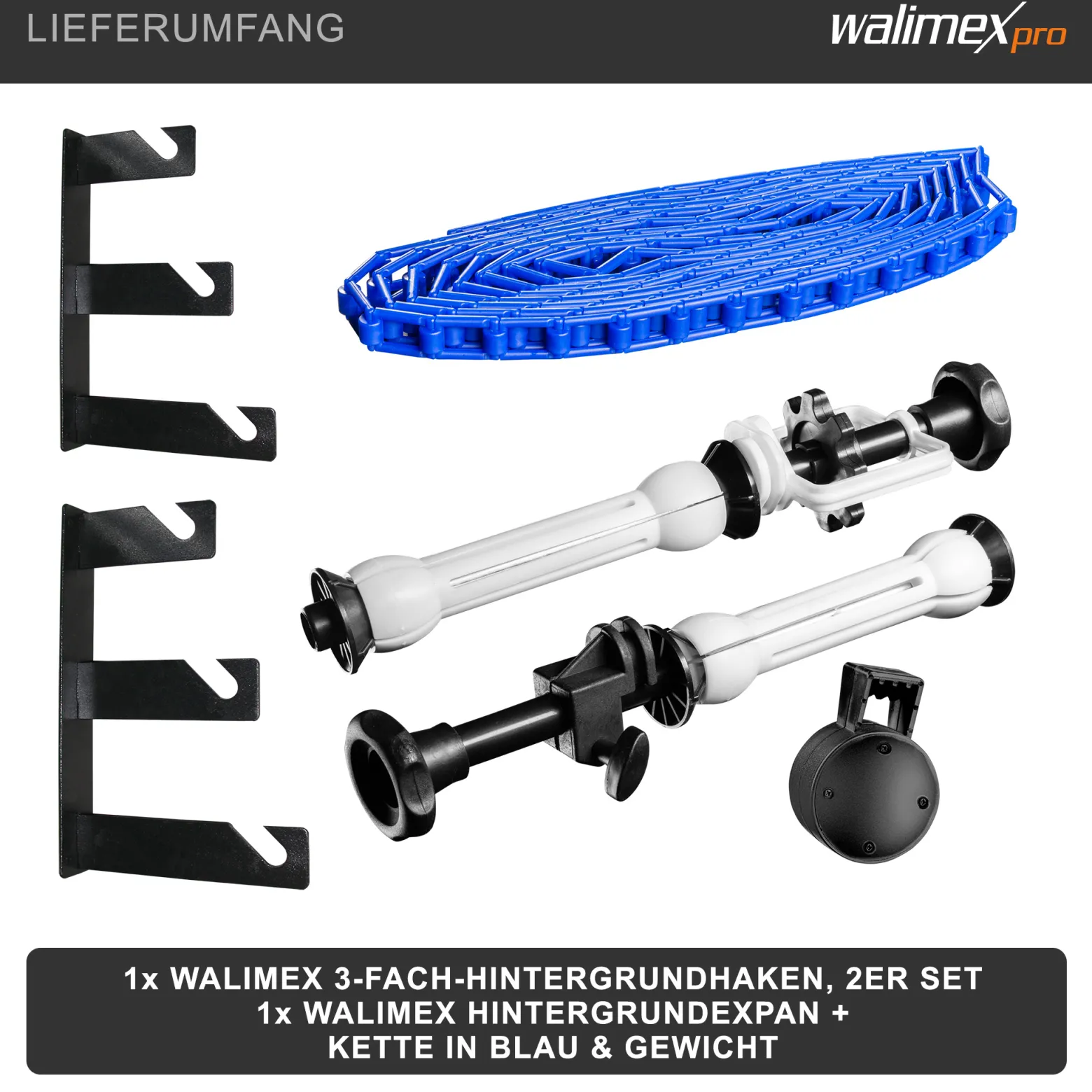 Walimex 3-fach Hintergrund Wandmontageset Schwarz Blau mit 2 Hintergrundhaken und Expan Set, für 3 Papierhintergründe, Wand und Deckenmontage, bis 6 kg belastbar