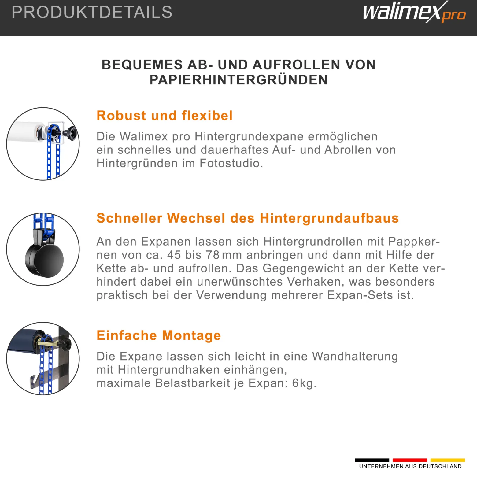 Walimex 3-fach Hintergrund Wandmontageset Schwarz Blau mit 2 Hintergrundhaken und Expan Set, für 3 Papierhintergründe, Wand und Deckenmontage, bis 6 kg belastbar
