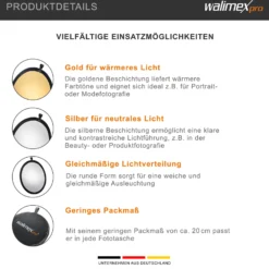 Walimex Faltreflektor gold-/silberfarben 56 cm, Reflektor faltbar, ideal für Fotografie, Foto-Reflektor zweifarbig für warme und kühle Lichtcharakteristik