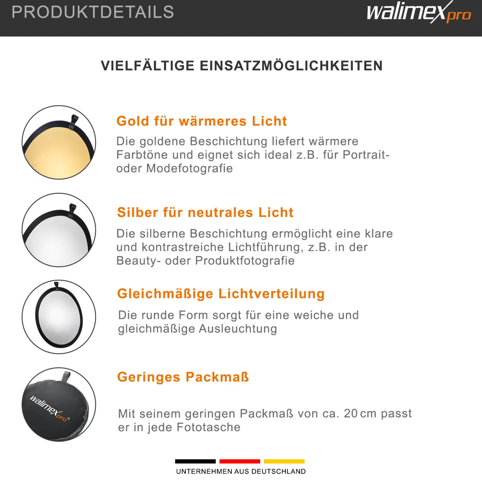 Walimex Faltreflektor gold-/silberfarben 56 cm, Reflektor faltbar, ideal für Fotografie, Foto-Reflektor zweifarbig für warme und kühle Lichtcharakteristik