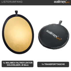 Walimex Faltreflektor gold-/silberfarben 56 cm, Reflektor faltbar, ideal für Fotografie, Foto-Reflektor zweifarbig für warme und kühle Lichtcharakteristik