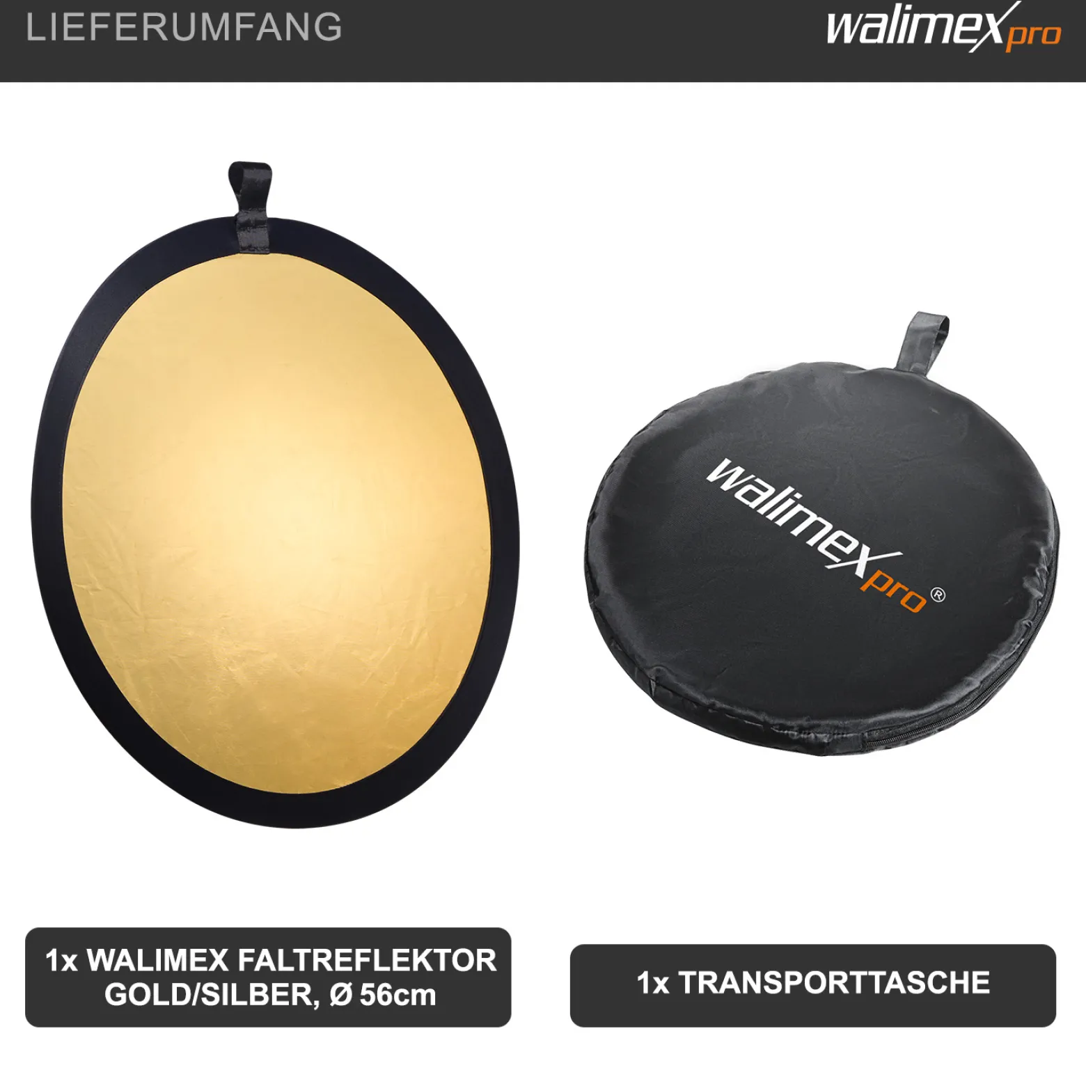Walimex Faltreflektor gold-/silberfarben 56 cm, Reflektor faltbar, ideal für Fotografie, Foto-Reflektor zweifarbig für warme und kühle Lichtcharakteristik