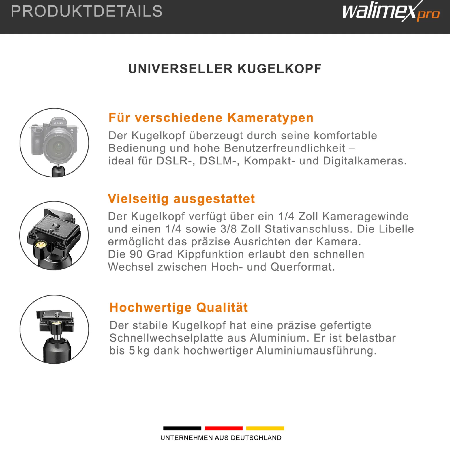 Walimex FT-002H Pro-Kugelkopf, hochwertiger Stativkopf mit Schnellwechselplatte, ideal für Einbeinstativ, Stativ-Kopf mit 1/4'' Kameraanschluss & 1/4'', 3/8'' Stativgewinde