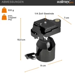 Walimex FT-002H Pro-Kugelkopf, hochwertiger Stativkopf mit Schnellwechselplatte, ideal für Einbeinstativ, Stativ-Kopf mit 1/4'' Kameraanschluss & 1/4'', 3/8'' Stativgewinde