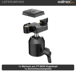 Walimex FT-002H Pro-Kugelkopf, hochwertiger Stativkopf mit Schnellwechselplatte, ideal für Einbeinstativ, Stativ-Kopf mit 1/4'' Kameraanschluss & 1/4'', 3/8'' Stativgewinde