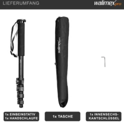 Walimex FT-1502 Pro Einbeinstativ 177 cm, robustes Fotostativ aus Aluminium, Kamerastativ mit 10 kg Traglast, Stativ für DSLR, DSLM und Kompaktkameras, inkl. Transporttasche