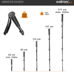 Walimex FT-1502 Pro Einbeinstativ 177 cm, robustes Fotostativ aus Aluminium, Kamerastativ mit 10 kg Traglast, Stativ für DSLR, DSLM und Kompaktkameras, inkl. Transporttasche