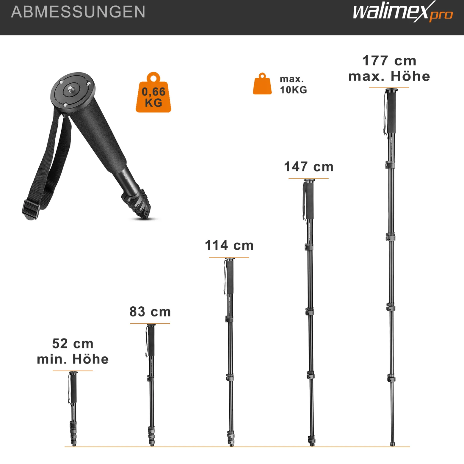 Walimex FT-1502 Pro Einbeinstativ 177 cm, robustes Fotostativ aus Aluminium, Kamerastativ mit 10 kg Traglast, Stativ für DSLR, DSLM und Kompaktkameras, inkl. Transporttasche