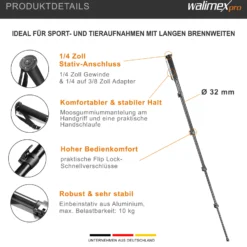 Walimex FT-1502 Pro Einbeinstativ 177 cm, robustes Fotostativ aus Aluminium, Kamerastativ mit 10 kg Traglast, Stativ für DSLR, DSLM und Kompaktkameras, inkl. Transporttasche