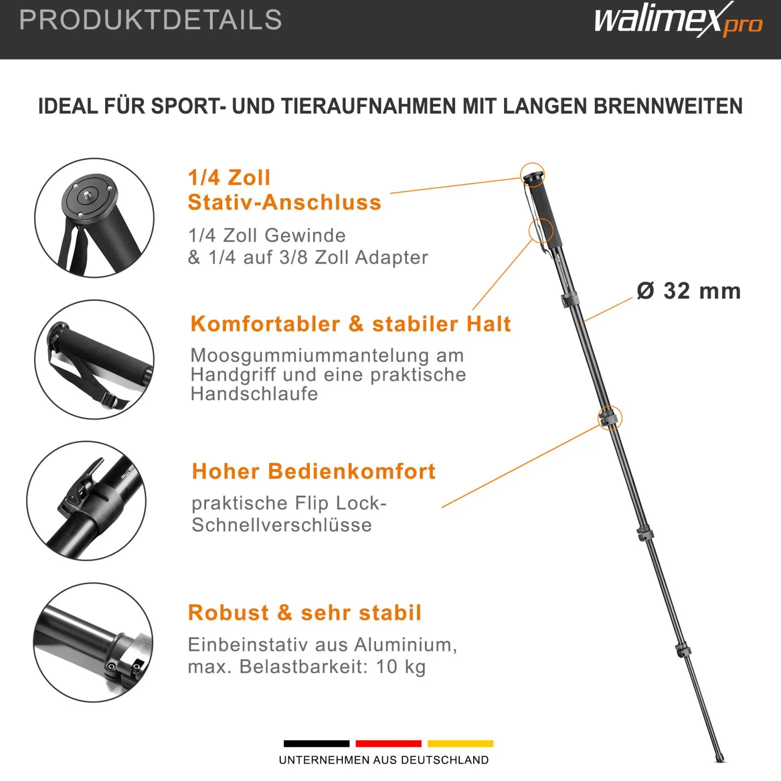 Walimex FT-1502 Pro Einbeinstativ 177 cm, robustes Fotostativ aus Aluminium, Kamerastativ mit 10 kg Traglast, Stativ für DSLR, DSLM und Kompaktkameras, inkl. Transporttasche