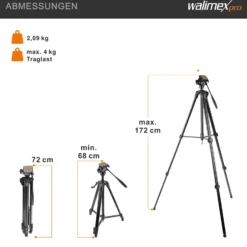 Walimex FW-3970 Semi-Pro Stativ mit Neiger, Kamerastativ höhenverstellbar bis 172 cm, Fotostativ belastbar bis 4 kg, Dreibeinstativ mit Stativkopf, 2 Wasserwaagen, Libelle, Schnellwechselplatte