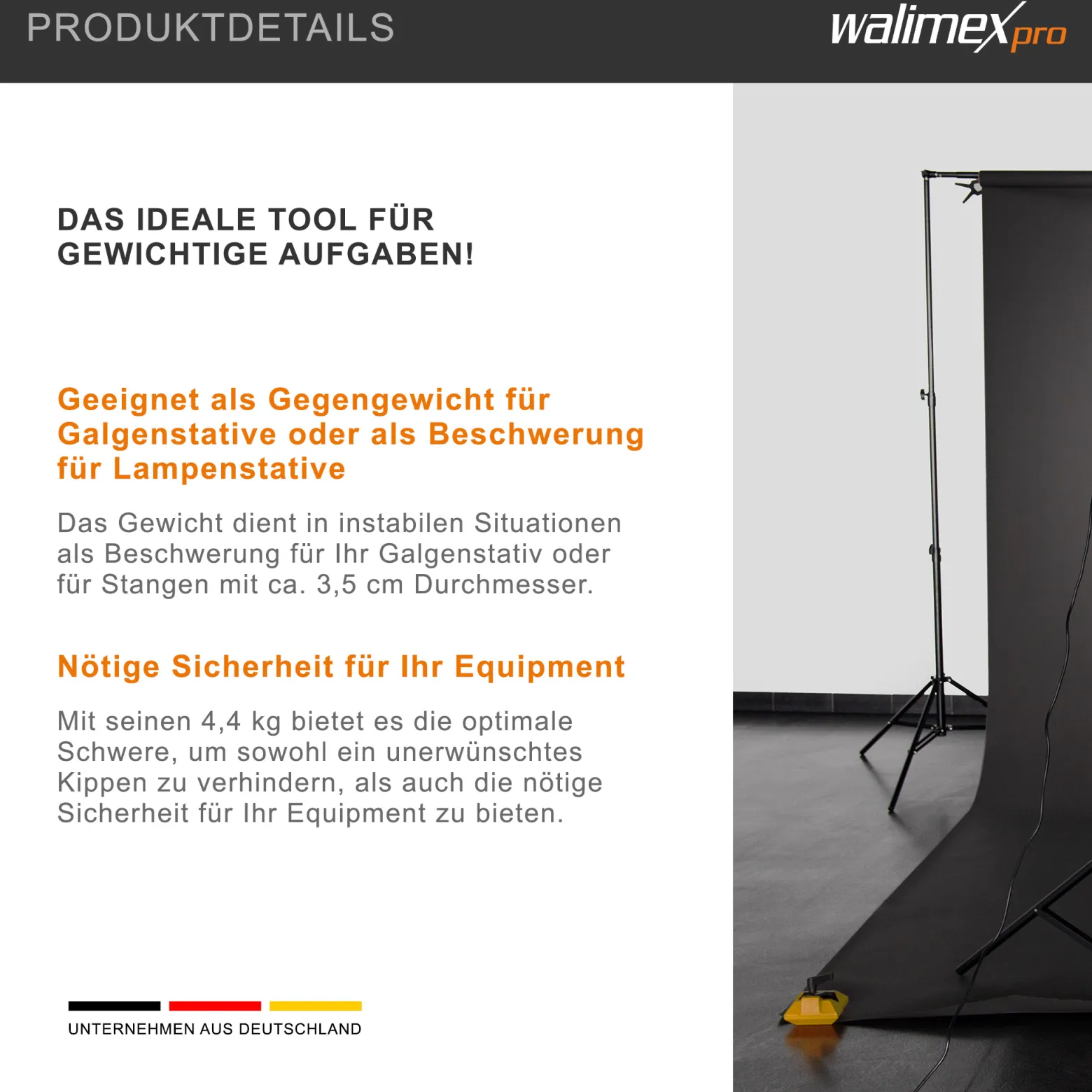 Walimex Gewicht für Stangen- und Galgenstative, 4,4 kg für optimale Beschwerung von Stativen oder Lampenständern, kompakt und transportabel, ideal für Fotostudio