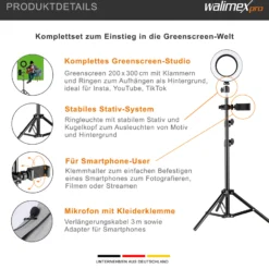 Walimex Greenscreen Komplettset, Green Screen Studio inkl. Stativ, Ringleuchte, Mikrofon, Videostudio Hintergrund mit Smartphone-Halter