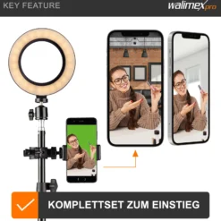 Walimex Greenscreen Komplettset, Green Screen Studio inkl. Stativ, Ringleuchte, Mikrofon, Videostudio Hintergrund mit Smartphone-Halter