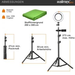 Walimex Greenscreen Komplettset, Green Screen Studio inkl. Stativ, Ringleuchte, Mikrofon, Videostudio Hintergrund mit Smartphone-Halter