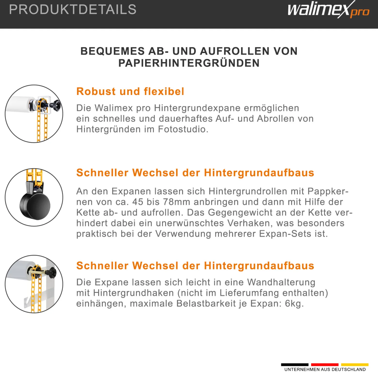 Walimex Hintergrundexpan mit Kette und Gewicht 320 x 130 x 85 mm, Farbe orange, für Pappkerne 45-78 mm, max. Traglast 6 kg
