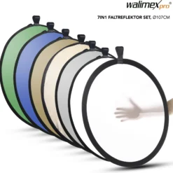 Walimex 7-in-1 Faltreflektor Set Ø 107 cm mit 7 verschiedenen Bezügen, Lichtreflektor für Fotografie mit Goldfarben Silberfarben Weiß Wavy Grün Blau und Diffusor