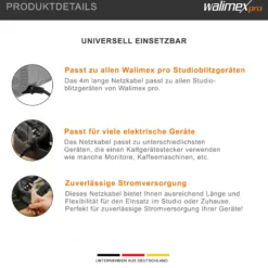 Walimex Netzkabel 4 m mit Kaltgerätestecker für Studioblitzgeräte und Kaltgeräte