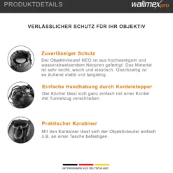 Walimex Objektivbeutel NEO 300 Modell 2011, Größe XL / 10 x 10 x 23 cm, aus Neopren, wasserabweisend, mit Tunnelzug, für Kameraobjektive, Objektiv Köcher für Foto Studio Shooting