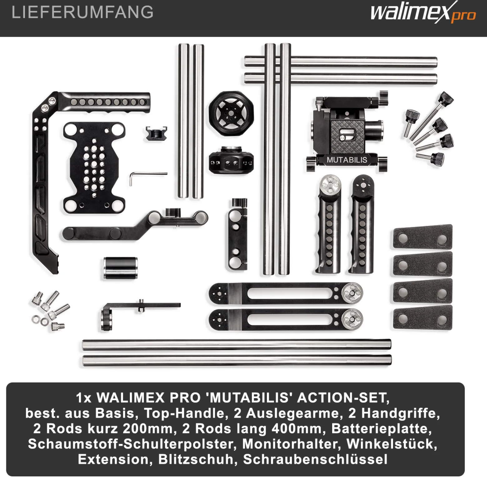 Walimex pro Action-Set Video Rig Mutabilis - aus Luftfahrtaluminium - inkl. Schulterstütze, Top Handle, Basiseinheit und Zubehör - Kamerakäfig Rahmen - Kamerazubehör