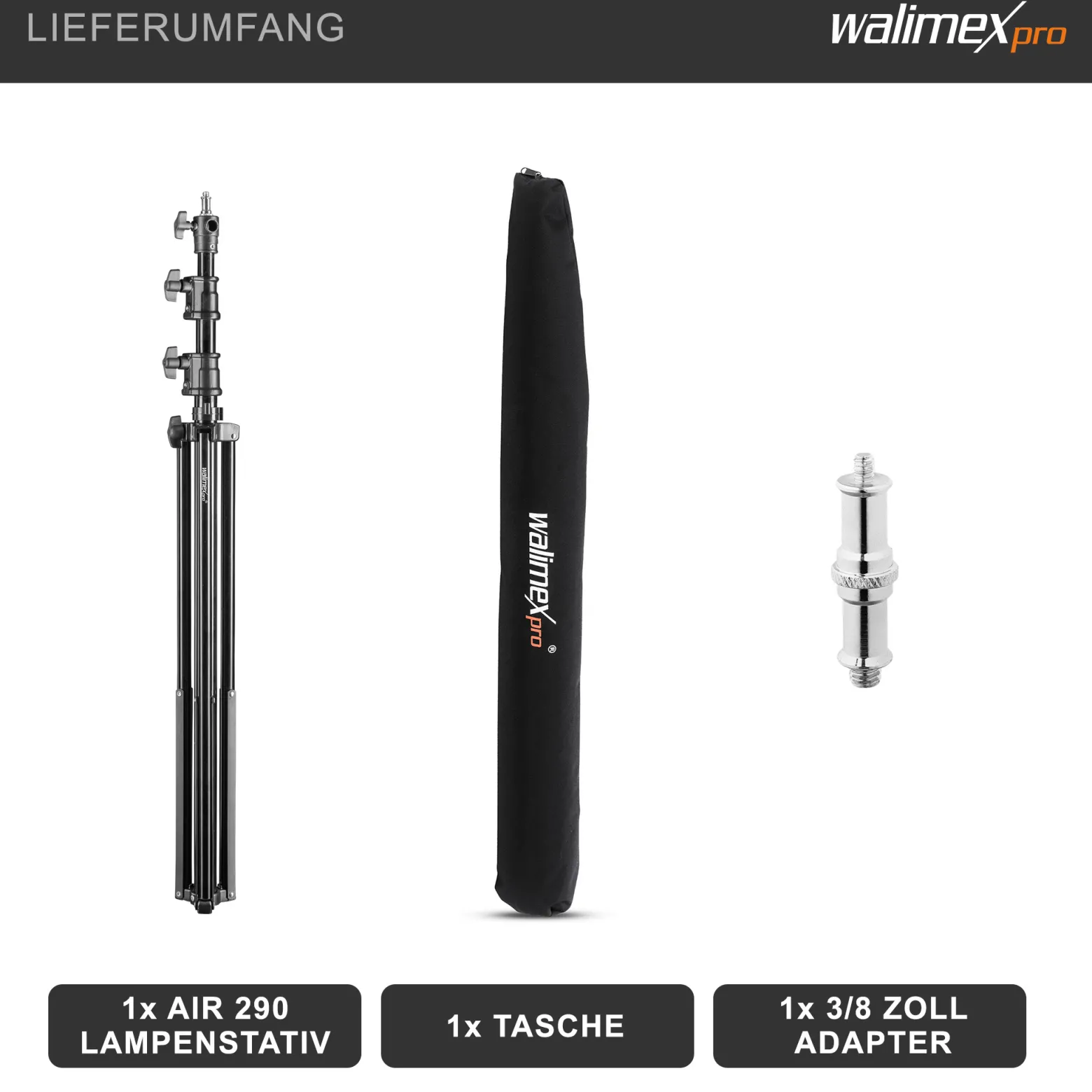 Walimex pro AIR 290 Deluxe Lampenstativ max. Höhe 290 cm, Lichtstativ mit Luftfederung, Blitzstativ mit 7 kg Traglast, Leuchtenstativ aus Aluminium, Dreibeinstativ für Fotostudio und Outdoor
