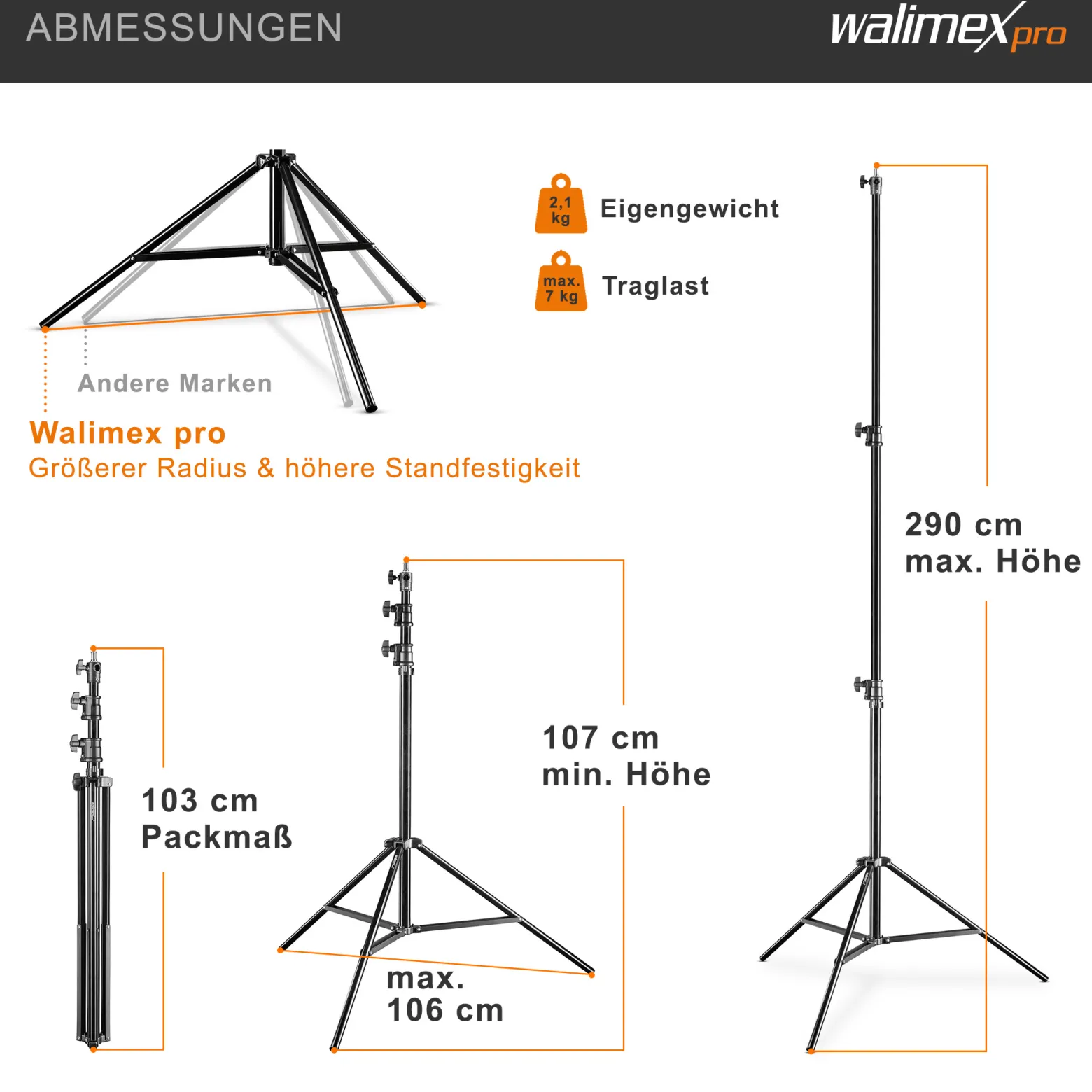 Walimex pro AIR 290 Deluxe Lampenstativ max. Höhe 290 cm, Lichtstativ mit Luftfederung, Blitzstativ mit 7 kg Traglast, Leuchtenstativ aus Aluminium, Dreibeinstativ für Fotostudio und Outdoor