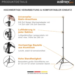 Walimex pro AIR 290 Deluxe Lampenstativ max. Höhe 290 cm, Lichtstativ mit Luftfederung, Blitzstativ mit 7 kg Traglast, Leuchtenstativ aus Aluminium, Dreibeinstativ für Fotostudio und Outdoor