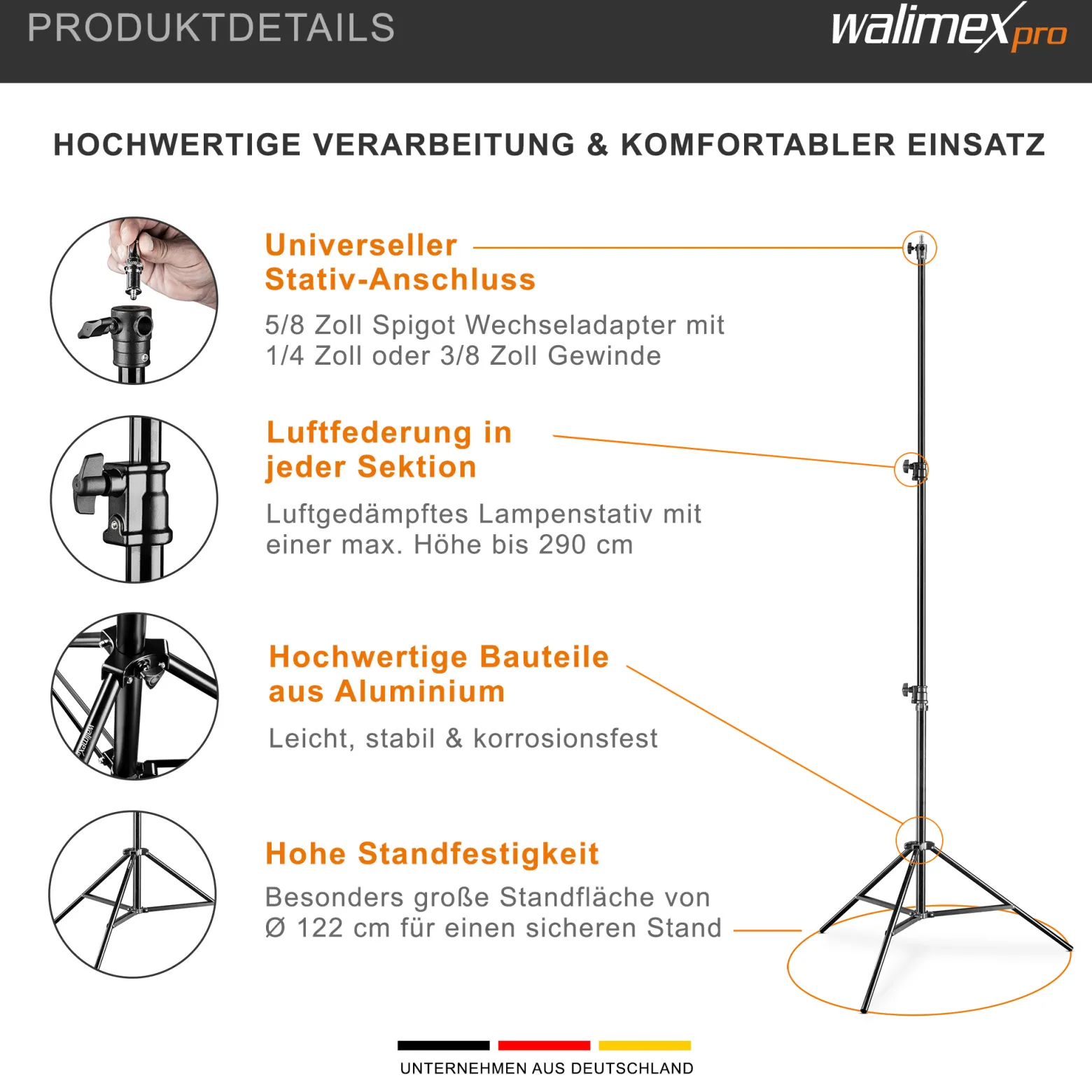 Walimex pro AIR 290 Deluxe Lampenstativ max. Höhe 290 cm, Lichtstativ mit Luftfederung, Blitzstativ mit 7 kg Traglast, Leuchtenstativ aus Aluminium, Dreibeinstativ für Fotostudio und Outdoor