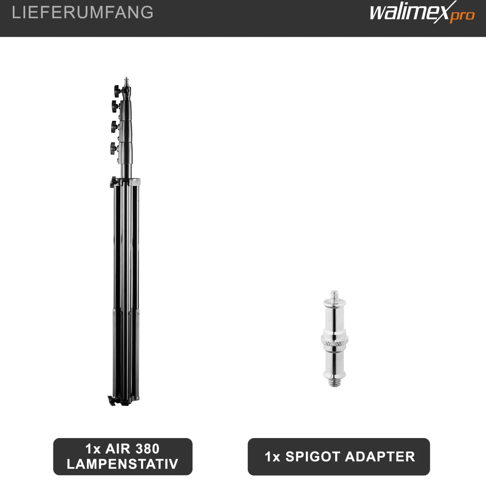 Walimex pro AIR 380 Deluxe Lampenstativ max. Höhe 380 cm, Lichtstativ mit Luftfederung, Blitzstativ mit 15 kg Traglast, Dreibeinstativ aus Aluminium, Leuchtenstativ für Fotostudio und Outdoor