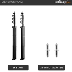 Walimex pro AIR 380 Deluxe Lampenstativ 2er-Set max. Höhe 380 cm, Lichtstativ mit Luftfederung, Blitzstativ mit 15 kg Traglast, Dreibeinstativ aus Aluminium, Leuchtenstativ für Fotostudio und Outdoor