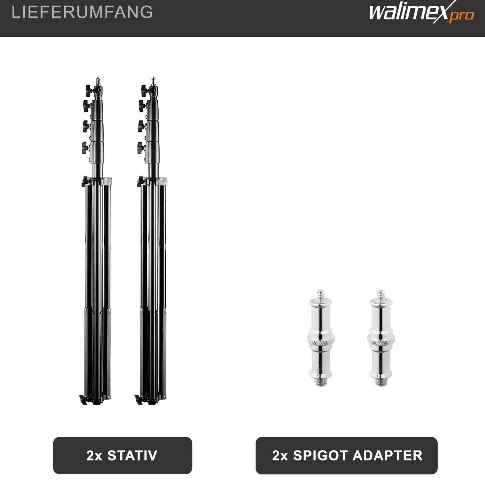 Walimex pro AIR 380 Deluxe Lampenstativ 2er-Set max. Höhe 380 cm, Lichtstativ mit Luftfederung, Blitzstativ mit 15 kg Traglast, Dreibeinstativ aus Aluminium, Leuchtenstativ für Fotostudio und Outdoor