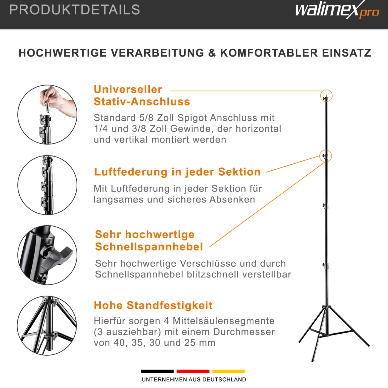 Walimex pro AIR 380 Deluxe Lampenstativ 2er-Set max. Höhe 380 cm, Lichtstativ mit Luftfederung, Blitzstativ mit 15 kg Traglast, Dreibeinstativ aus Aluminium, Leuchtenstativ für Fotostudio und Outdoor