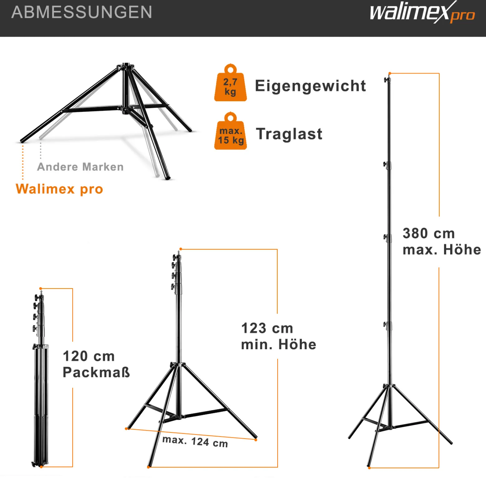 Walimex pro AIR 380 Deluxe Lampenstativ 2er-Set max. Höhe 380 cm, Lichtstativ mit Luftfederung, Blitzstativ mit 15 kg Traglast, Dreibeinstativ aus Aluminium, Leuchtenstativ für Fotostudio und Outdoor