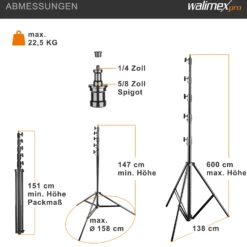 Walimex pro AIR Jumbo 600 Lampenstativ max. Höhe 600 cm, Lichtstativ mit 22,5 kg Traglast und Luftdämpfung, Blitzstativ aus Aluminium, Dreibeinstativ für Fotostudio, Film, Bühne und Outdoor