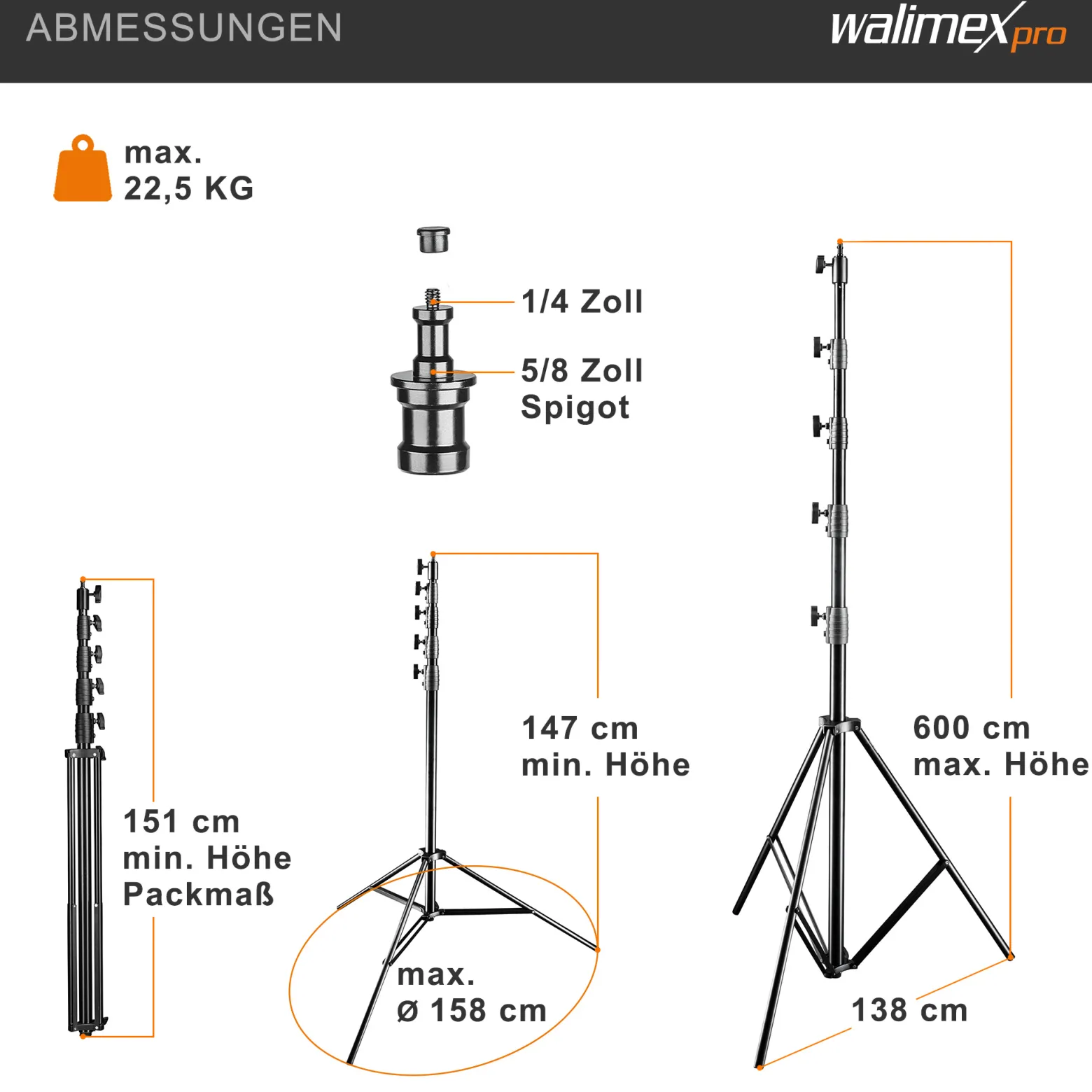 Walimex pro AIR Jumbo 600 Lampenstativ max. Höhe 600 cm, Lichtstativ mit 22,5 kg Traglast und Luftdämpfung, Blitzstativ aus Aluminium, Dreibeinstativ für Fotostudio, Film, Bühne und Outdoor